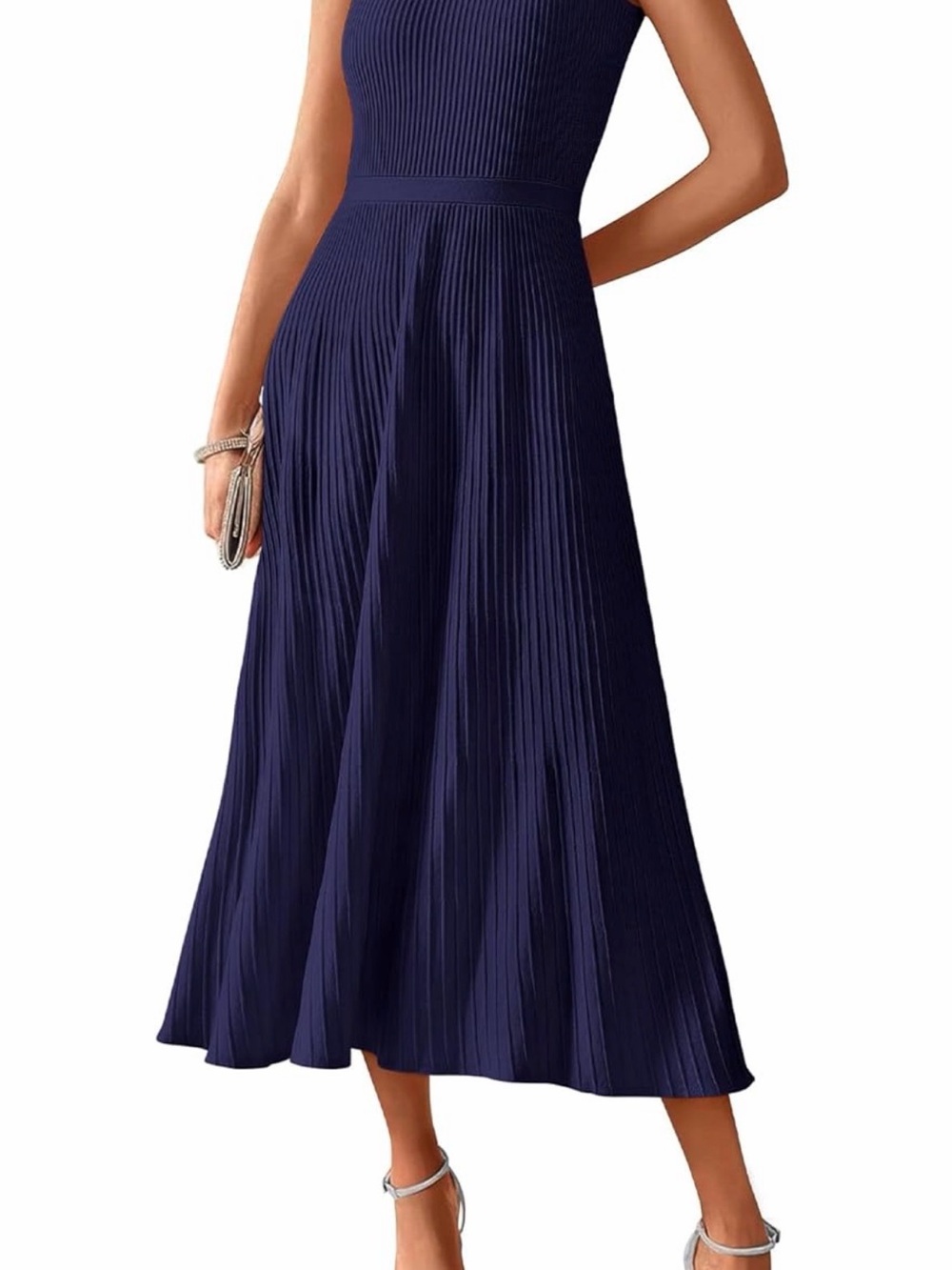 Sleeveless Navy Ribbed Midi Dress with Flared Skirt